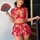 Red Steel Ring Bra Dragon Pattern Short Skirt Lingerie Set