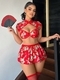 Red Steel Ring Bra Dragon Pattern Short Skirt Lingerie Set