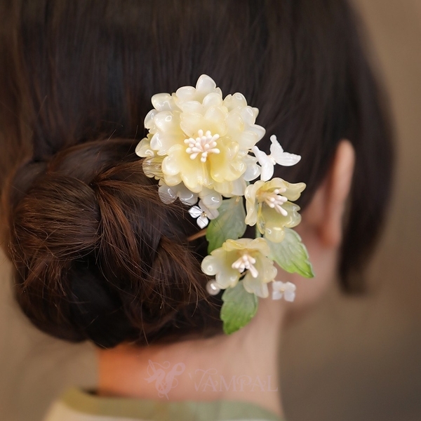 U-Shaped Glass Peony Flower Hairpin Chinese Style Updo Hair Fork