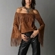 Women's Off-Shoulder Faux Suede Bell Sleeve Fringe Top