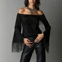 Women's Off-Shoulder Faux Suede Bell Sleeve Fringe Top