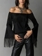 Women's Off-Shoulder Faux Suede Bell Sleeve Fringe Top