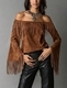Women's Off-Shoulder Faux Suede Bell Sleeve Fringe Top