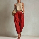 Cotton Linen Harem Pants For Women Elastic Waist Tapered Ankle