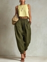 Cotton Linen Harem Pants For Women Elastic Waist Tapered Ankle