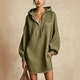 Damen-Sweatshirt-Kleid mit Kordelzug und langen Ärmeln, Midilänge, Baumwolle-Leinen