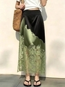 Grüner Midirock mit hoher Taille, Spitzenbesatz und Satin