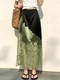 Grüner Midirock mit hoher Taille, Spitzenbesatz und Satin