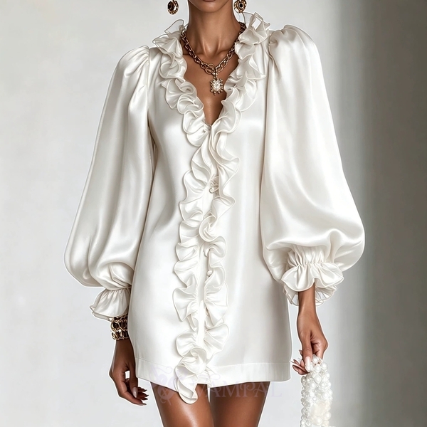 Glossy Chiffon Ruffled Collar Puff Sleeve Short Dress