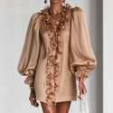 Glossy Chiffon Ruffled Collar Puff Sleeve Short Dress