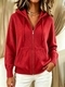Einfarbige Strickjacke mit V-Ausschnitt, Kapuze, Reißverschluss, locker
