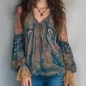 Mixed Color Bohemian Teal Amber Paisley Chiffon Blouse With Ruffle Sleeves
