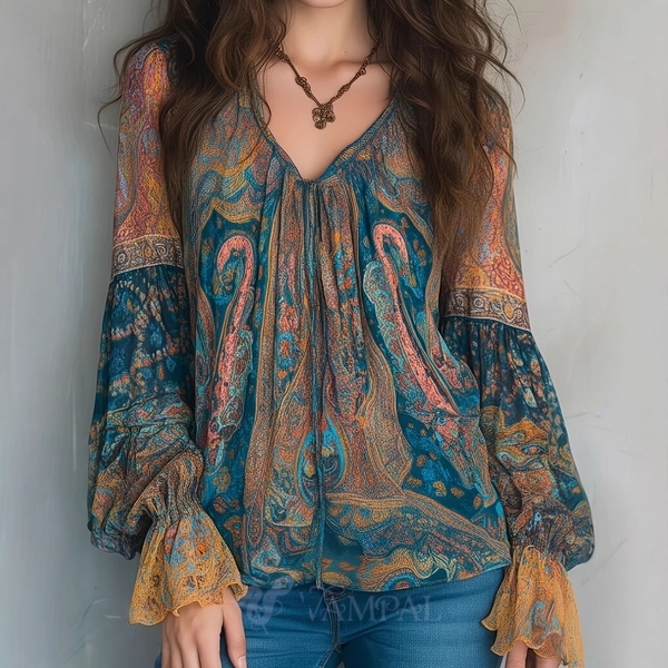 Mixed Color Bohemian Teal Amber Paisley Chiffon Blouse With Ruffle Sleeves