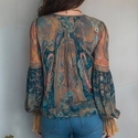 Mixed Color Bohemian Teal Amber Paisley Chiffon Blouse With Ruffle Sleeves