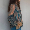 Mixed Color Bohemian Teal Amber Paisley Chiffon Blouse With Ruffle Sleeves
