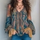Mixed Color Bohemian Teal Amber Paisley Chiffon Blouse With Ruffle Sleeves