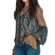 Mixed Color Bohemian Teal Amber Paisley Chiffon Blouse With Ruffle Sleeves