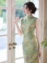 Clear Spring on Stone Sleeveless Green Vintage Qipao Summer Dress