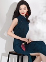 Ultramarine Elegant Navy Blue Chinese Vintage Qipao With Petal Collar
