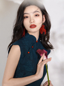 Ultramarine Elegant Navy Blue Chinese Vintage Qipao With Petal Collar