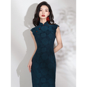 Ultramarine Elegant Navy Blue Chinese Vintage Qipao With Petal Collar