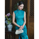 Grünes Weingesang - Pfauenblau Retro blaues Qipao-Stil ärmelloses Sommerkleid