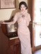Pink Short-Sleeve Modified Cheongsam Midi Dress