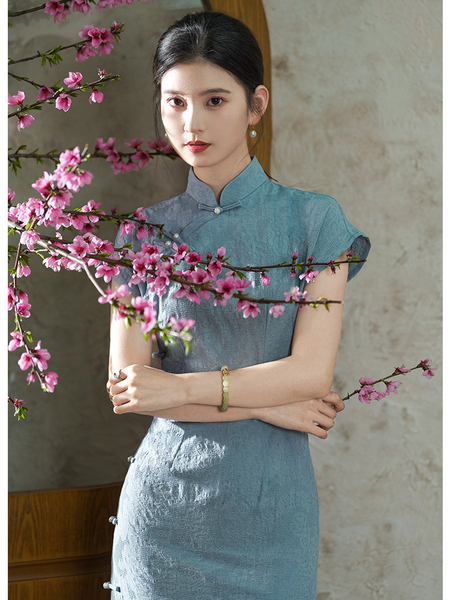 Vintage Literary Blue Qipao Jacquard Cotton Dress