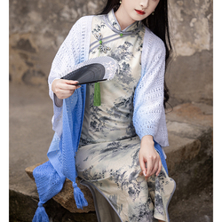 Tie-Dye Blue Cable Knit Shawl