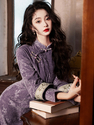 Gongluoxue-Violett langärmeliges chinesischer Stil Qipao Kleid Retro Violett
