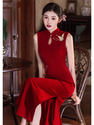 Sleeveless Red Embroidered Qipao Dress Chinese Style