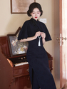 Qing Shan - Blau Set elegantes marineblaues zweiteiliges Cheongsam Midikleid