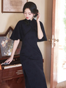 Qing Shan - Blau Set elegantes marineblaues zweiteiliges Cheongsam Midikleid