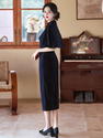 Qing Shan - Blau Set elegantes marineblaues zweiteiliges Cheongsam Midikleid
