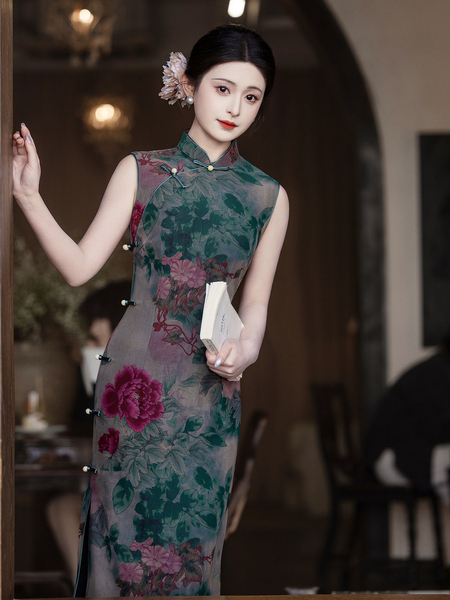 Water Cloud Purple Sleeveless Chinese Style Long Qipao Dress