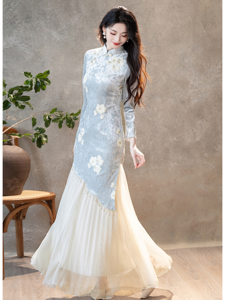 Chinesischer Stil langärmeliges Qipao Kleid Vintage Herbst Winter