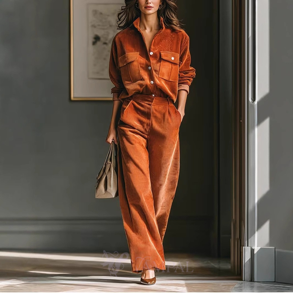 Caramel Retro Corduroy Shirt And Wide-Leg Pants Set In Caramel
