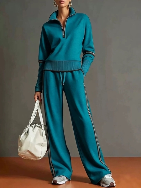 Color-Block Stand Collar Hoodie And Wide-Leg Pants Two-Piece Set