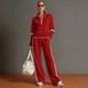 Color-Block Stand Collar Hoodie And Wide-Leg Pants Two-Piece Set