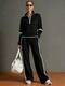 Color-Block Stand Collar Hoodie And Wide-Leg Pants Two-Piece Set