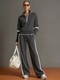 Color-Block Stand Collar Hoodie And Wide-Leg Pants Two-Piece Set