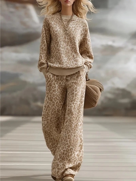Hellbraun Leopardenmuster langärmeliges schlankes Sweatshirt und Hose Set