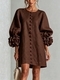 3D Floral Lantern-Sleeve Cotton-Linen Short Dress