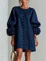 3D Floral Lantern-Sleeve Cotton-Linen Short Dress