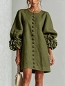 3D Floral Lantern-Sleeve Cotton-Linen Short Dress
