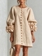 3D Floral Lantern-Sleeve Cotton-Linen Short Dress