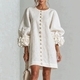 3D Floral Lantern-Sleeve Cotton-Linen Short Dress