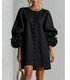 3D Floral Lantern-Sleeve Cotton-Linen Short Dress