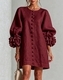 3D Floral Lantern-Sleeve Cotton-Linen Short Dress