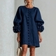 3D Floral Lantern-Sleeve Cotton-Linen Short Dress